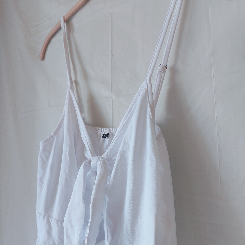 White Spaghetti Strap Dress with Sternum Cutout and Bow, Buttons - Size Large - Picture 8 of 12